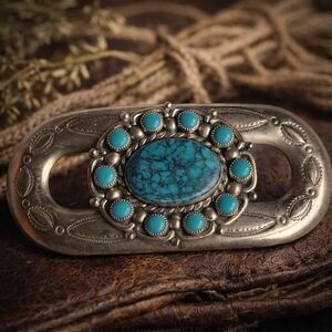 Vintage Bell Trading Post Turquoise Cluster Belt Buckle Nickel Silver 3.25"